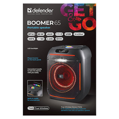 Defender reproduktor BOOMER 65, 65W, černý, TWS, AUX/Bluetooth